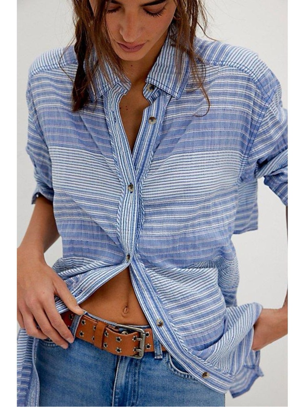 We The Free Blue White Coastal Striped Open Back Button-Down Shirt